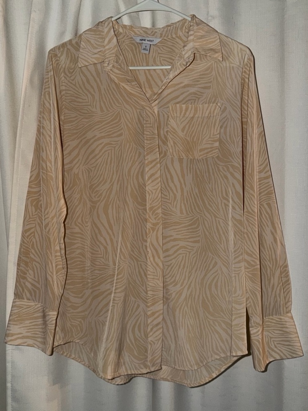 Nine West Beige Zebra-Print Button-Down Blouse